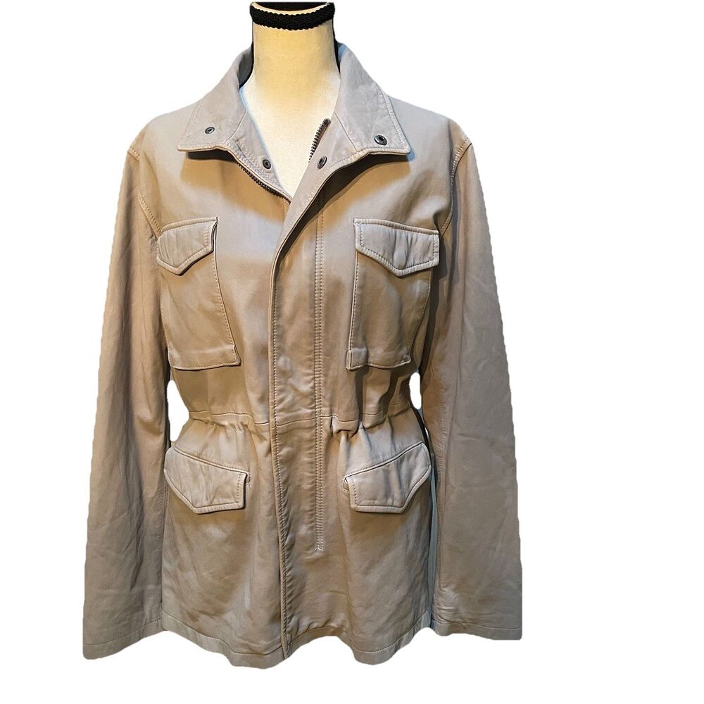 JUNE for Anthropologie Women’s Leather Field Jacket L Taupe Cloud Wash Utility